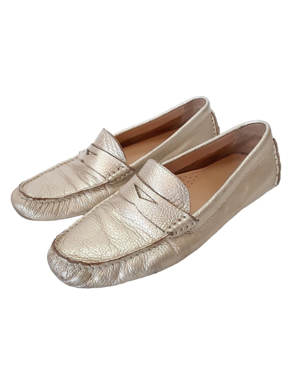 Cole Haan Leather Penny Loafers Gold Metallic Driving Flats Womens 6.5B Comfort